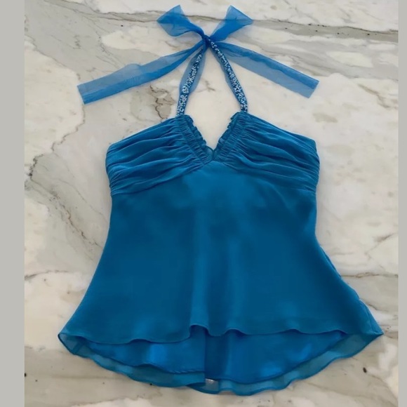 BCBG BLUE EMBELLISHED SILK HALTER TOP SIZE SMALL - Picture 8 of 13